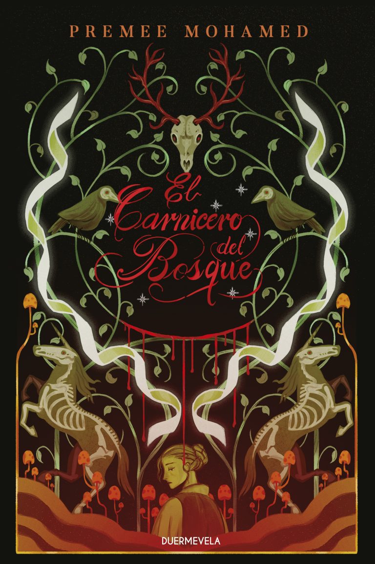 Cubierta en tonos oscuros, verdes y ocres, el título aparece rodeado por animales zombies que dejan ver el esqueleto, un ciervo, cuervos, unicornios... rodeado por enredaderas que gotean sangre.