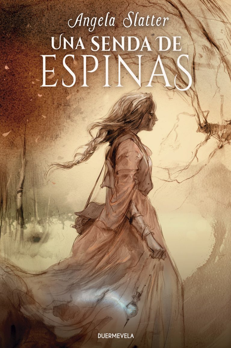 En tonos sepia, vemos en primer plano a Asher caminando con la trenza medio deshecha y ropa de epoca victoriana, lleva en la mano un péndulo del que sale una niebla mágica. De fondo un paisaje otoñal difuso