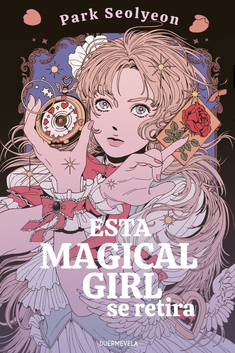 En la imagen aparece una magical girl con una estética anime, sosteniendo una carta con una rosa y un reloj o brújula